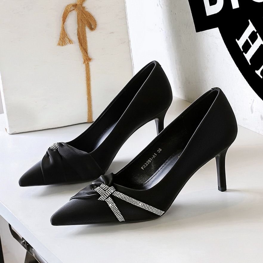 High Heels Thin Heel Super High Heel Shallow Mouth Pointed Rhinestone Bow Single Shoes Women's Shoes_vogvips.com