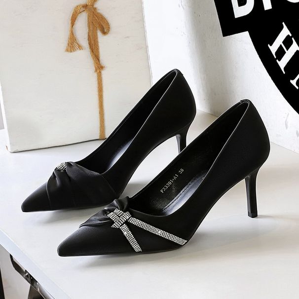 High Heels Thin Heel Super High Heel Shallow Mouth Pointed Rhinestone Bow Single Shoes Women's Shoes_vogvips.com