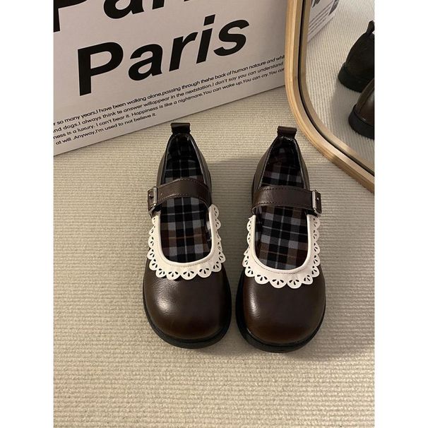 Paired With Skirt, Soft Girl Lace Round Toe Small Leather Shoes, Women's 2025 New Fashionable And Versatile Shallow_vogvips.com