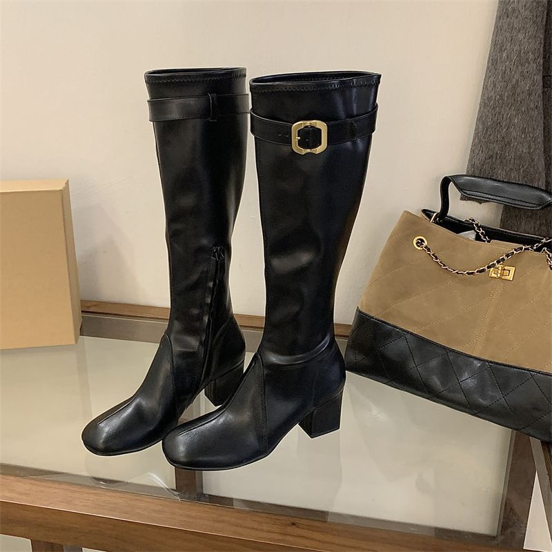 Miting Vintage Buckle Side Zipper Chunky Heel Long Boots, New Autumn/Winter Slim High-Heeled Over-The-Knee Boots_vogvips.com