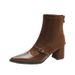New Autumn And Winter Short Boots, French Retro Pointed Toe, Buckle Strap, Chunky Heel, Women's Mid-calf Suede Patchwork_vogvips.com