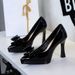 8399-H87 European And American Style Banquet Women's Shoes Waterproof Platform Chunky Heels Pointed Toe Bowknot Patent_vogvips.com