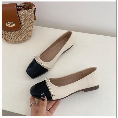 Single Shoe Women's Autumn 2025 New Item Color Blocked Light Mouth Versatile Gentle Pearl Casual Anti Slip Soft Soled_vogvips.com