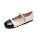 Round Head Mary Jane Shoes Women's French One-word With Chain Pearl Small Fragrant Style Flat-soled Single Shoes_vogvips.com