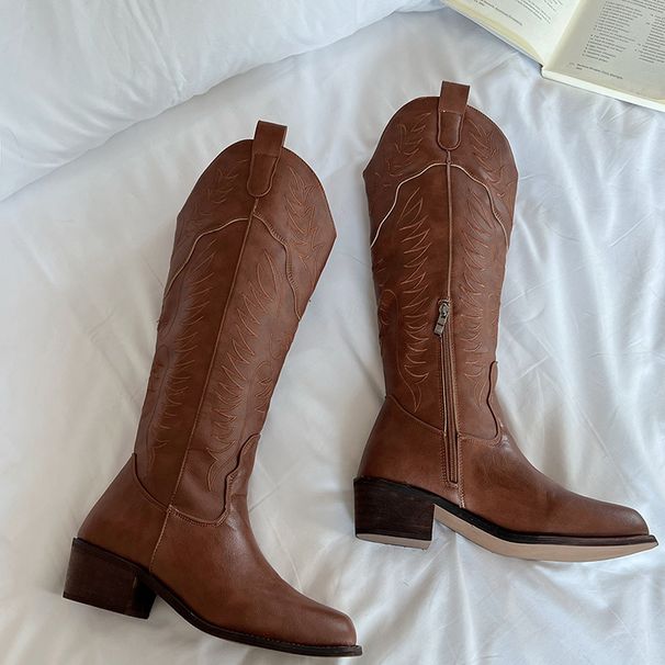 Petite Plus Size Slimming Brown Long For Women Summer 2024 New V-Cut French Style Chunky Heel Riding Boots_vogvips.com