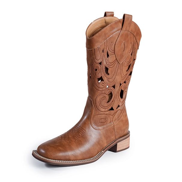 Women's Western Cowboy Boots Autumn Embroidery Hollow V Neck Desert Thick Heel Martin Square Head Shoes_vogvips.com