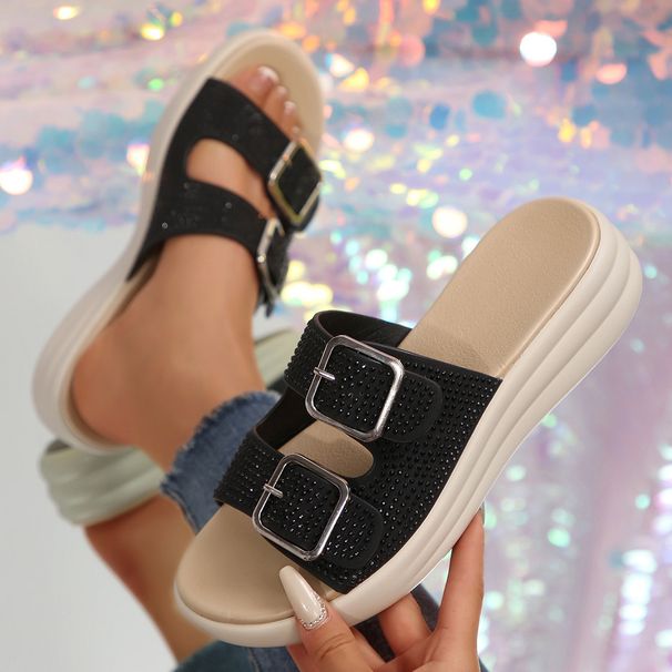 Slippers For Women With Thick Soled Belt Buckle Rhinestone Slippers For Women_vogvips.com