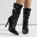 Pointed Toe Stacked Heel Knee High Boots For Women - Shiny Patent Leather Riding Boots With Side Zipper, Fashionable Stiletto Heels_vogvips.com