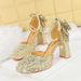 Sequined Square Head High Heels Thick Heel Waterproof Back Bow Pearl One-button Sandals Wedding Shoes_vogvips.com