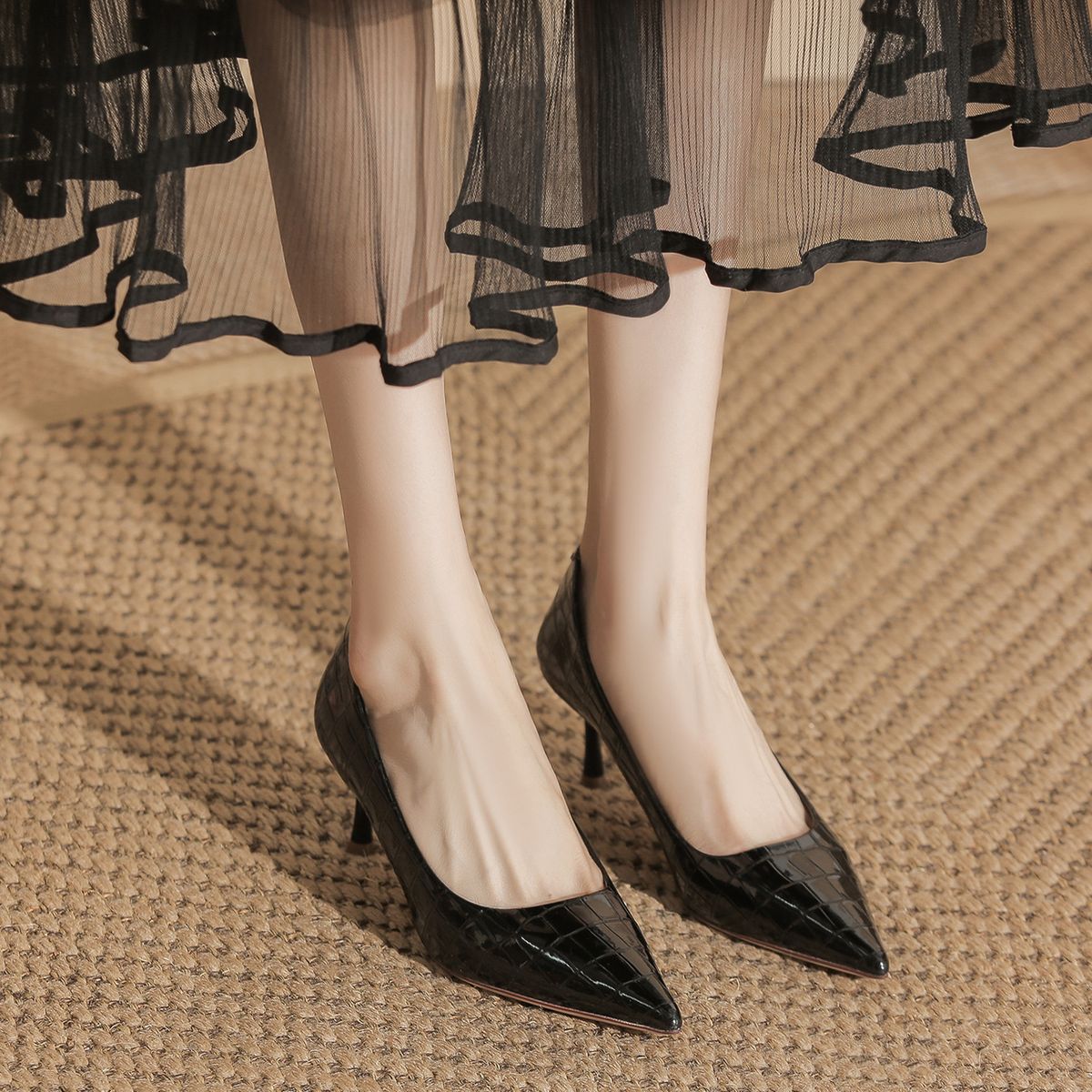 Patent Leather White High Heels Women, Stunning Professional Alligator Pattern French Pointed Toe, High-End Feel,_vogvips.com