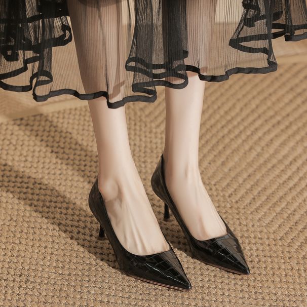 Patent Leather White High Heels Women, Stunning Professional Alligator Pattern French Pointed Toe, High-End Feel,_vogvips.com
