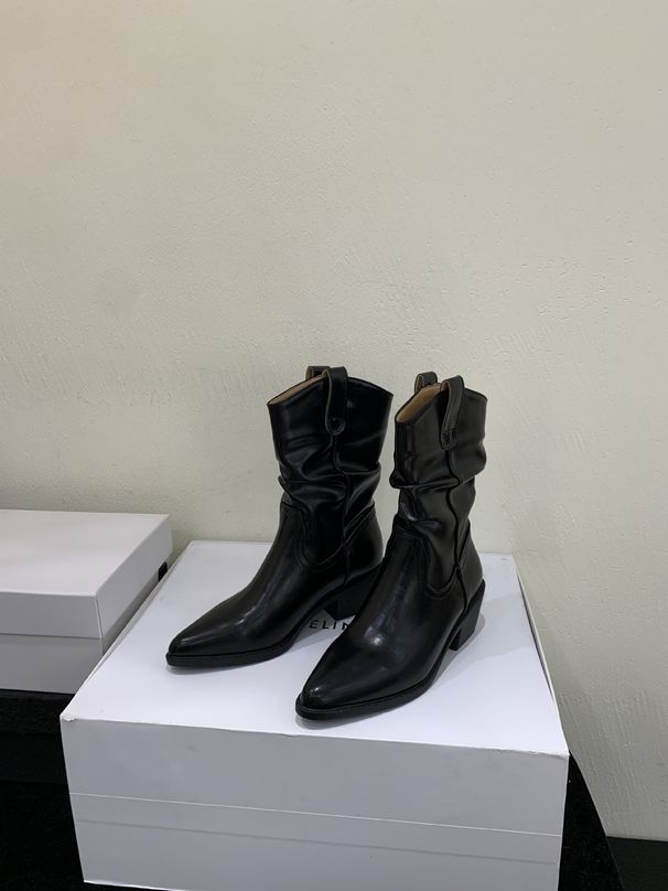Chunky Heel French Pointed Toe Western Cowboy Short Boots For Women 2025 Autumn Winter New Style_vogvips.com
