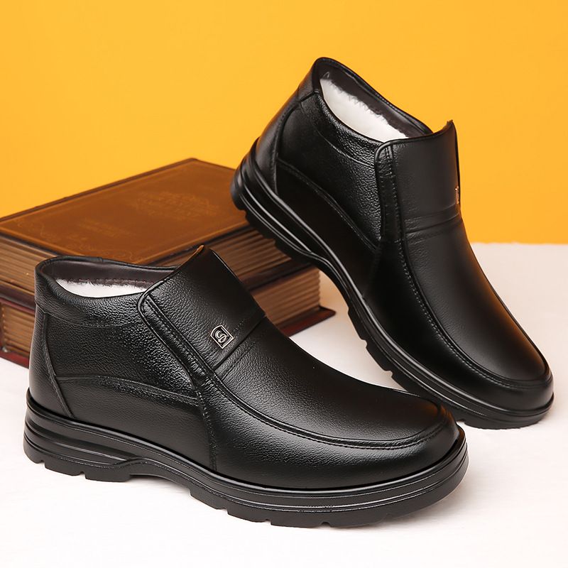 Men's Cotton Shoes With Fleece Lining, Winter Warm Men's Shoes, Top Layer Genuine Leather Snow Boots, Middle-Aged Dad Sh_vogvips.com