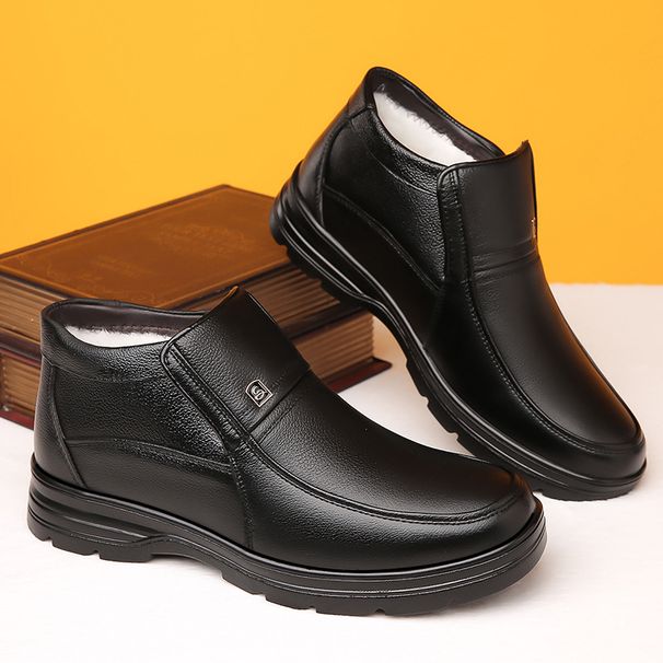 Men's Cotton Shoes With Fleece Lining, Winter Warm Men's Shoes, Top Layer Genuine Leather Snow Boots, Middle-Aged Dad Sh_vogvips.com