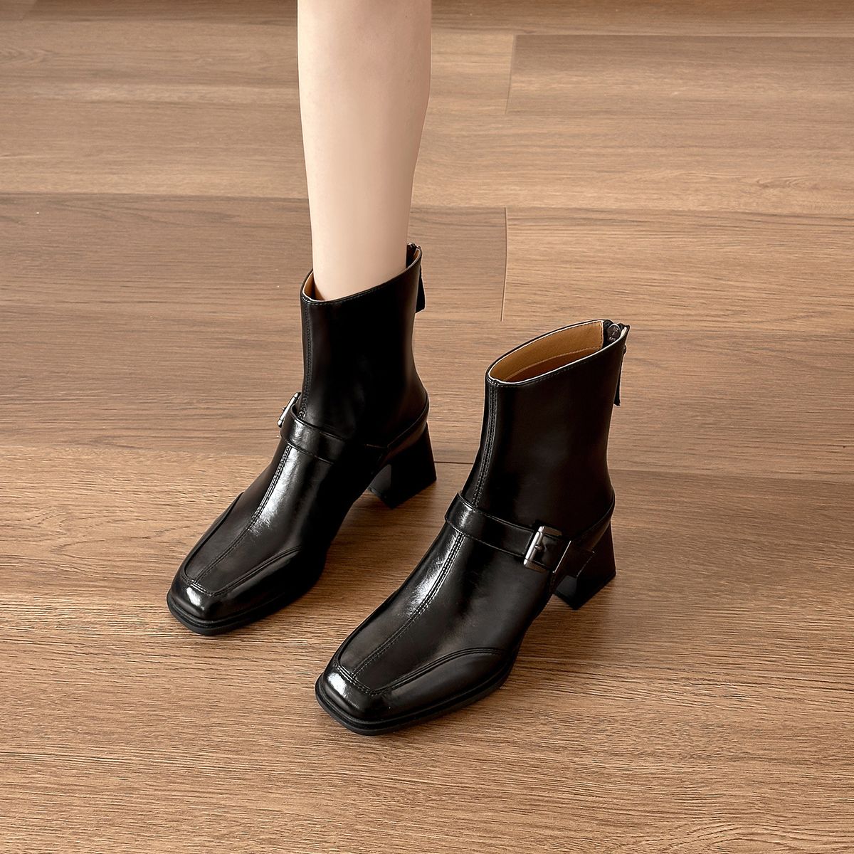 Square-toed Mid-heel Short Boots For Women, Spring And Autumn Single Boots, 2025 New French Style Slimming Coffee-colored Chunky H_vogvips.com