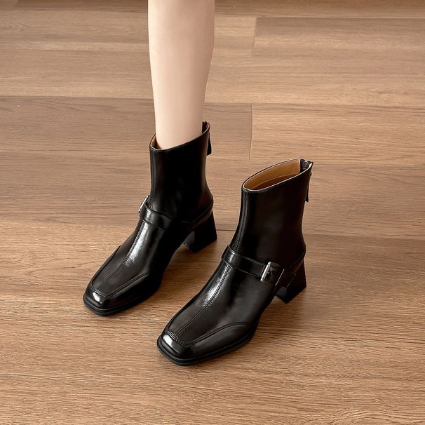 Square-toed Mid-heel Short Boots For Women, Spring And Autumn Single Boots, 2025 New French Style Slimming Coffee-colored Chunky H_vogvips.com
