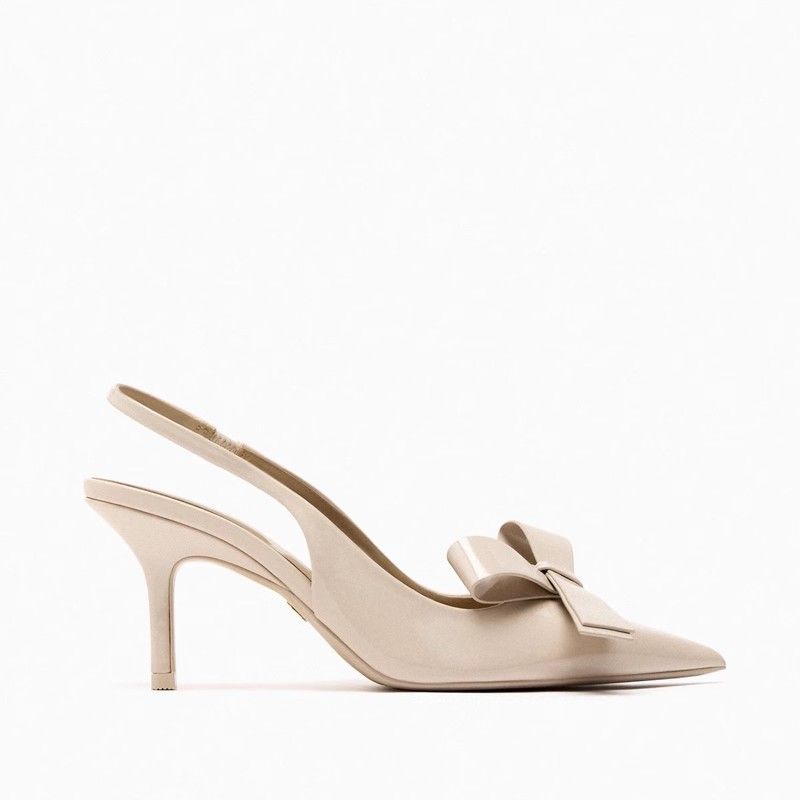 new Women S Beige Bow Slingback High Heeled Mules Pointed Shallow Mouth Patent Leather Single Shoes_vogvips.com