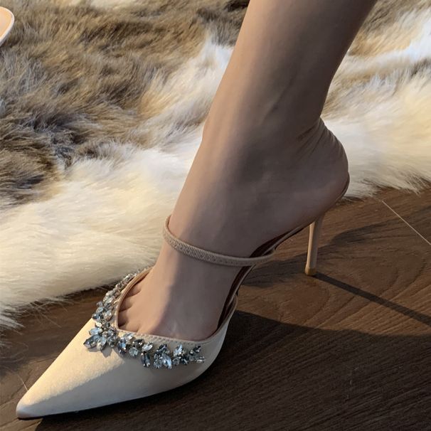 Pointy rhinestones with high heels, fine heels, champagne one-line sandals, half sandals_vogvips.com
