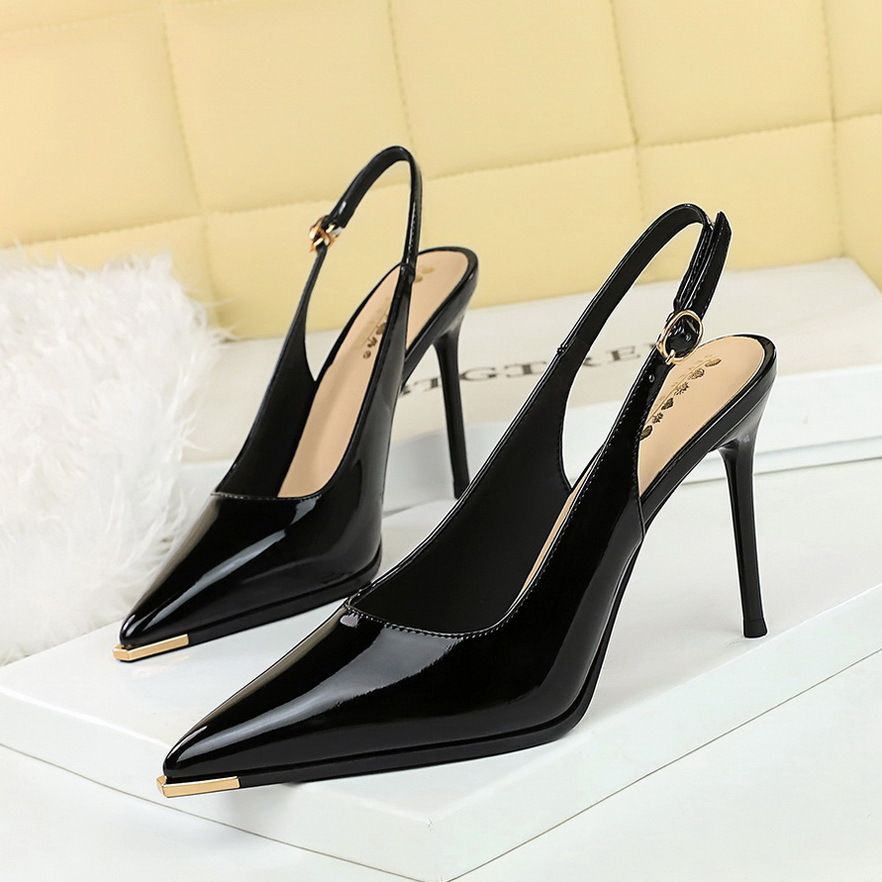 Patent Leather Pointed High Heels Stiletto Single Shoes Empty Back Strap Women's Shoes_vogvips.com