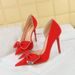 New Pink High Heels Large Size 41 To 43 Side Hollow Shallow Mouth Pointed Rhinestone Bow Sexy Goddess Stiletto_vogvips.com