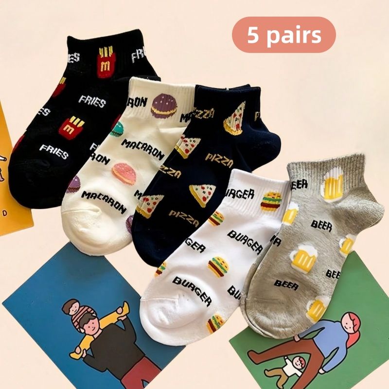 3/5 Pairs Of Women's With Hamburger, Pizza, Fries Designs, Cute Girls' Ankle Thin Breathable Socks Spring, Summer, And_vogvips.com