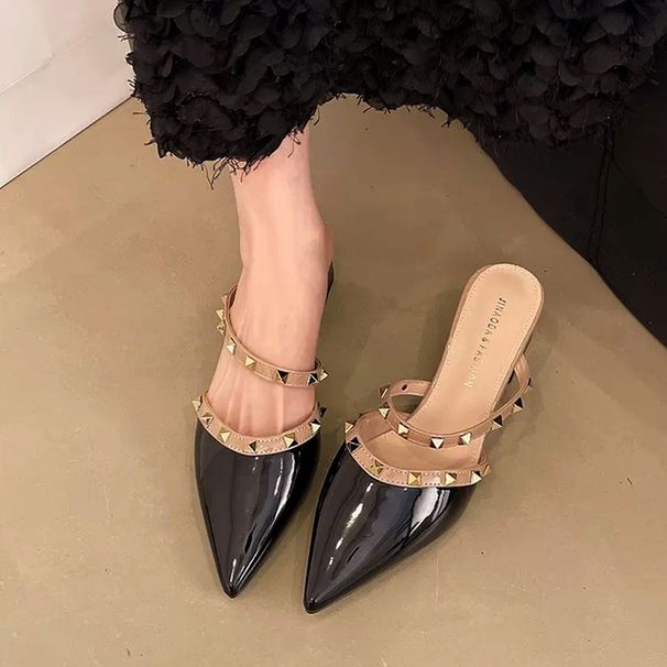 Muller High Heels, Pointed Toe, Thick Heel, Toe Cap, One-leg Mid-heel, Nude Color Rivets, Outwear Half Slippers For Women With Skirt_vogvips.com