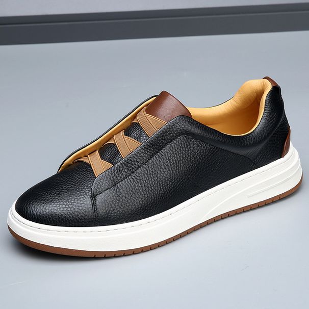 Men's Genuine Leather High-End Thick-Soled White Sneakers Autumn Trendy Versatile Slip-On Lazy Casual Shoes_vogvips.com