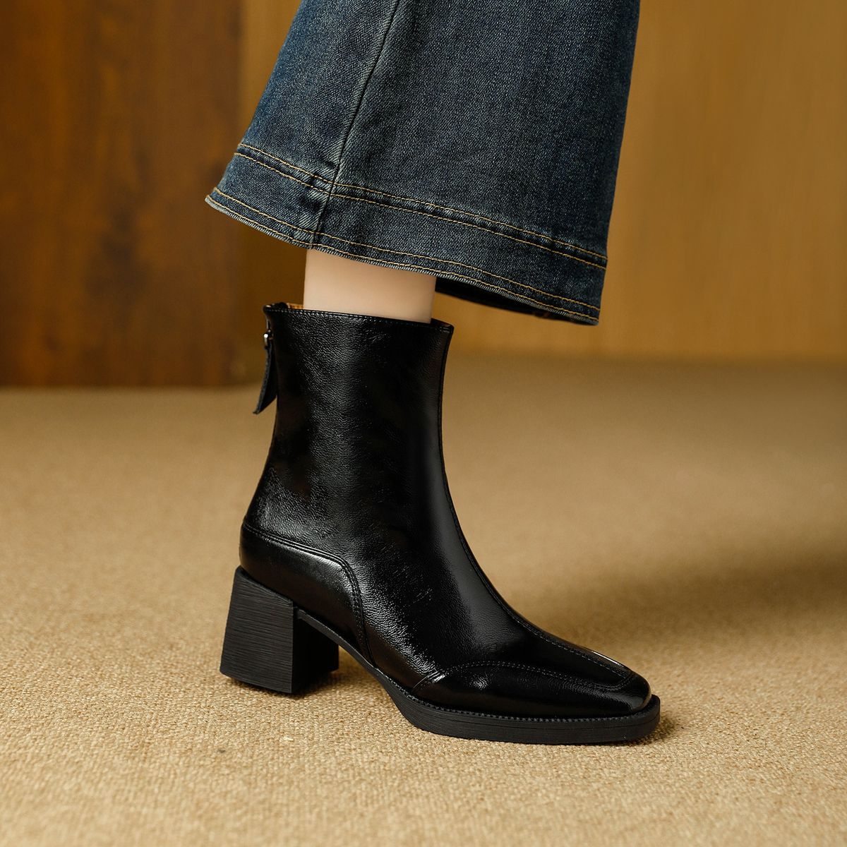 High-heeled Short Boots For Women, Slim-fit Boots, 2025 New French-style Brown Winter Boots, Women's Chunky Heel Square-toed Mid-c_vogvips.com