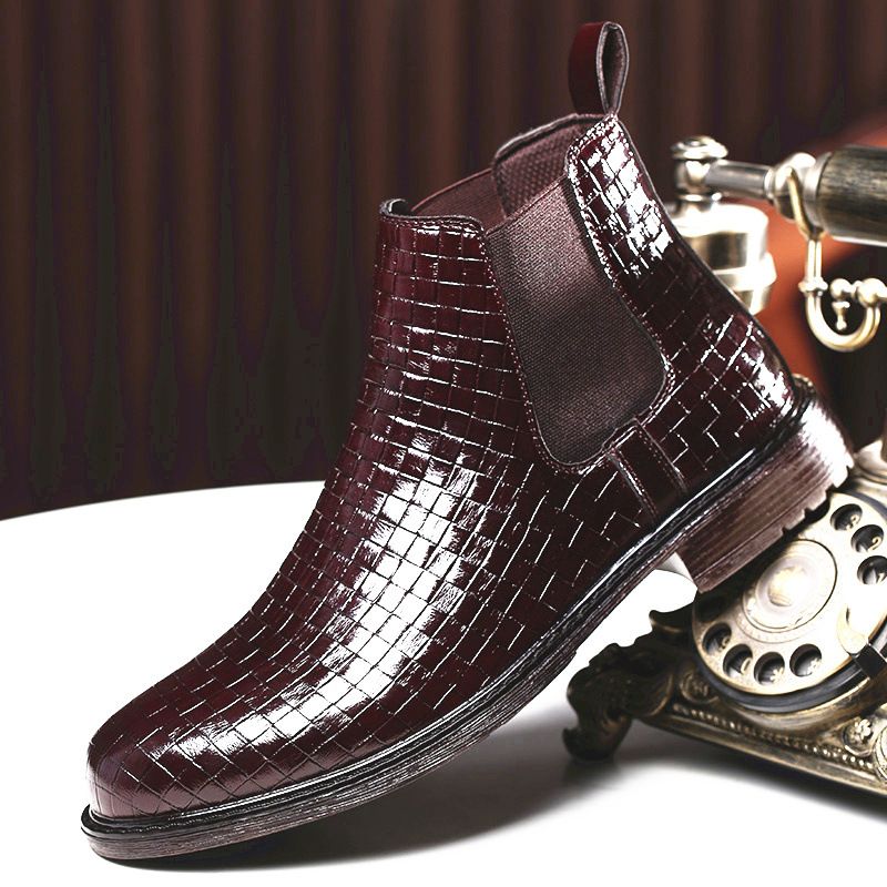 Men's Chelsea Boots With Elastic Ankle & Woven Texture - Slip-Resistant PU Leather Casual Boots For Autumn (Black/Burgundy)_vogvips.com