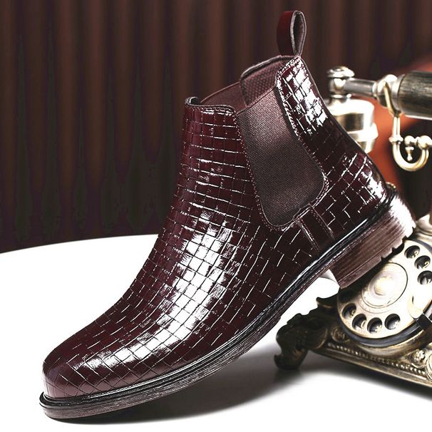 Men's Chelsea Boots With Elastic Ankle & Woven Texture - Slip-Resistant PU Leather Casual Boots For Autumn (Black/Burgundy)_vogvips.com