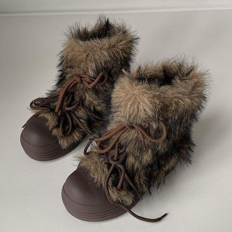 Fashion Trend Snow For Women 2025 Autumn Winter New Style Fleece Lined Thick Sole Fluffy One-Piece Cotton Shoes Short_vogvips.com