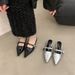 2025 Spring New Chunky Heel Closed Mules For Women Slip-On Pointed Toe Mary Jane Silver Shoes_vogvips.com