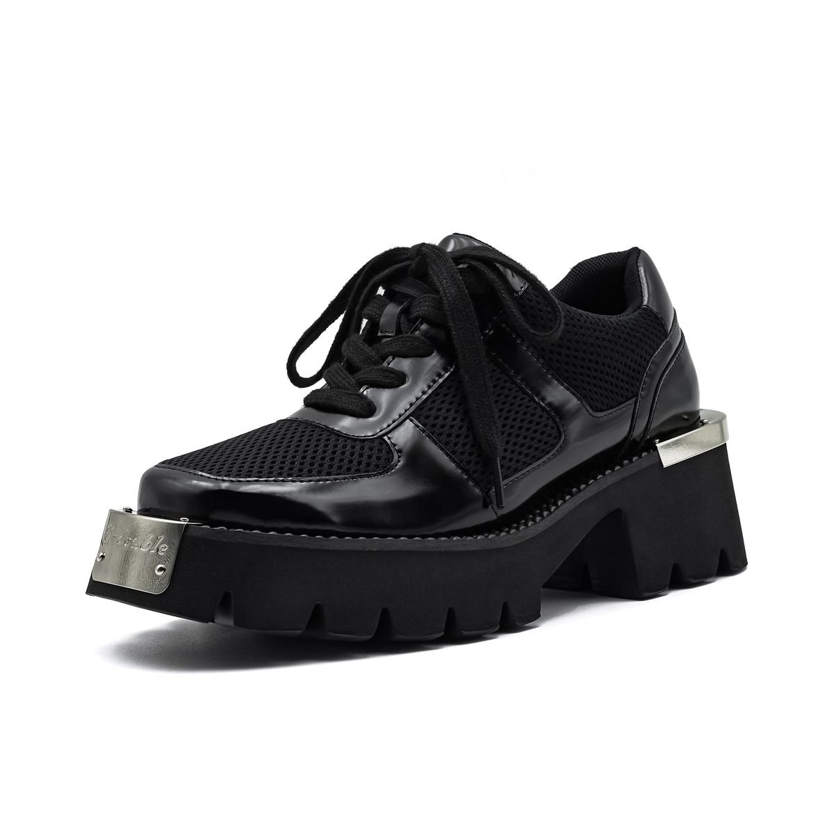 2024 Women's Punk Style Leather Shoes Lace-up Heel Platform Female Gothic Ankle Boots PU Metal Decor Thick Bottom_vogvips.com