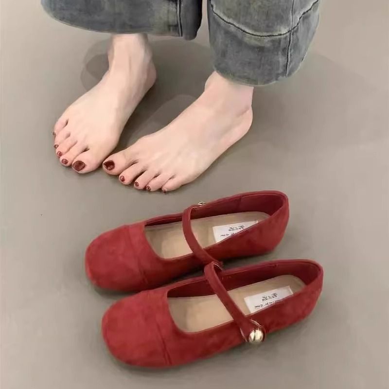 French Retro Light Mouth Red Single Shoes Female Gentle Fairy Suede Mary Jane Flat Women's Shoes_vogvips.com