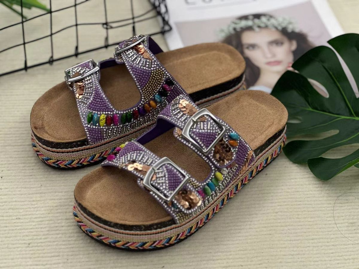 Women's Shoes Ethnic Style Double Buckle Diamond Thick Soled Slippers Large Size Rope Beach Cork Slippers_vogvips.com