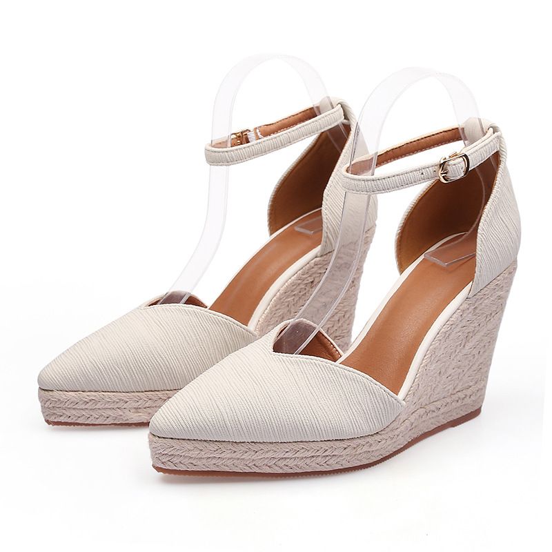 Women's Summer Pointed Toe Wedge Heel Platform Sandals Hollow Out Straw Braided Rope Sole Buckle Shoes_vogvips.com