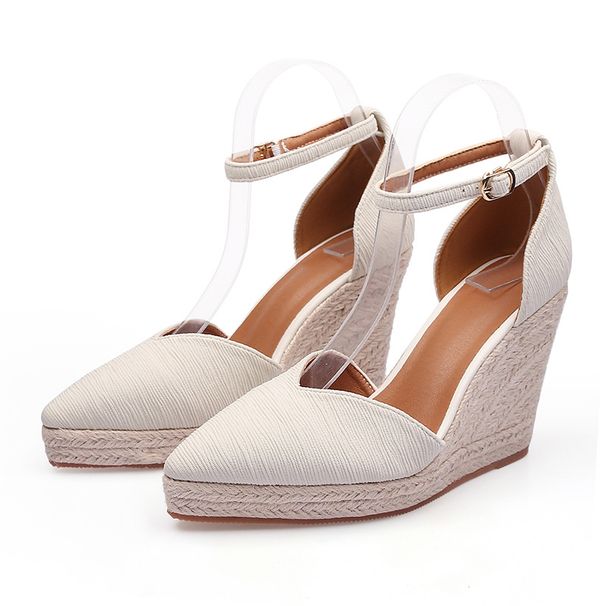 Women's Summer Pointed Toe Wedge Heel Platform Sandals Hollow Out Straw Braided Rope Sole Buckle Shoes_vogvips.com