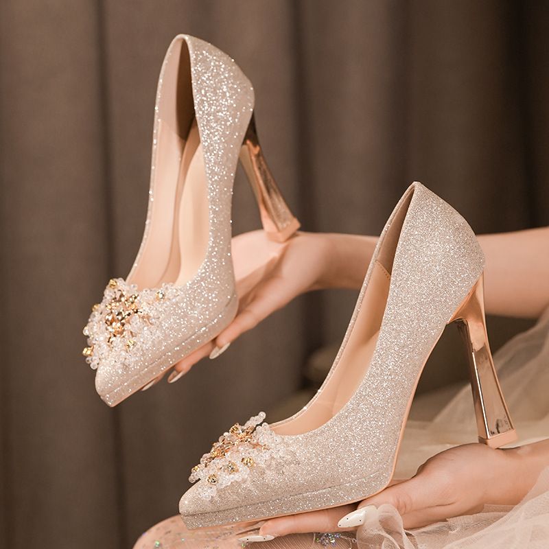 2026 Pointed Toe High Heels, Luxurious Elegant, Comfortable Wedding Shoes, Versatile With Rhinestones And Sequins,_vogvips.com