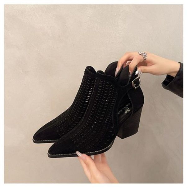 Women's Roman Sandals With Chunky Heel - Retro Open-Toe Hollow Bootie Sandals In Black And Chestnut Retro Hollow Out Sandal Boots._vogvips.com