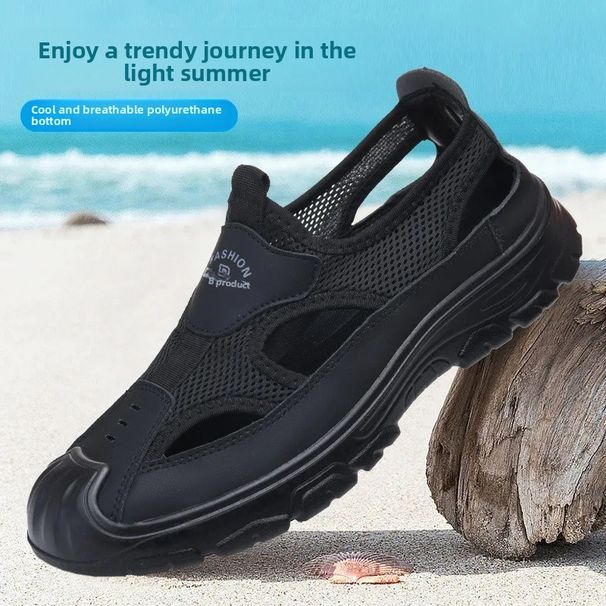 Men's Summer Breathable Mesh Sandals Water Outdoor Casual Beach Slip-On Comfortable PU Bottom Grid Lined Shoes_vogvips.com