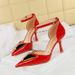 8323-K55 Pointed Sandals For Women, Hollow One Button Metal Buckle High-heeled Shoes, Thin Heels, Patent Leather Shiny_vogvips.com