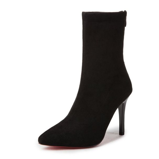 Back Zipper Pointed Toe Ankle For Women, Thin Heel, 2025 Autumn Winter New Suede Slimming Mid-Calf Plus Size High Heel_vogvips.com