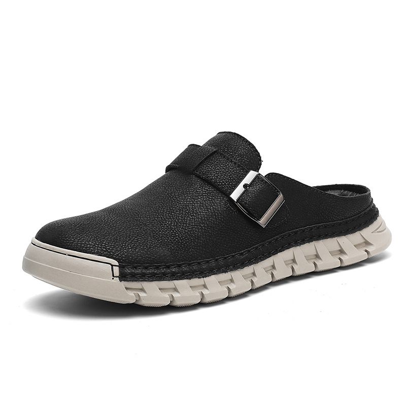 Men's Leather Shoes 2026 Spring Wide Fit Size 46 Casual Sandals Lightweight Non-Slip British Style Soft Sole Half Slippe_vogvips.com