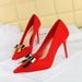 18249-K68 Fashionable And Sexy Pointed High Heels, Metal Bow Fine Follow Shoes, Satin Shallow Mouth Women's Shoes_vogvips.com