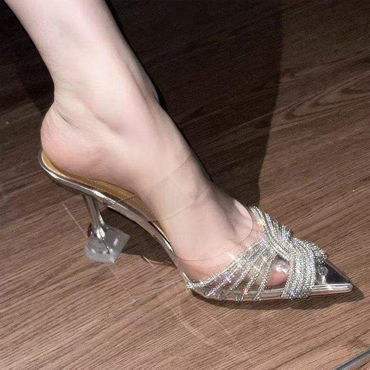 Rhinestone French Style Stunning Transparent High Heels Cross Fish Mouth Women 2025 One Strap Sandals New Pointed Toe_vogvips.com