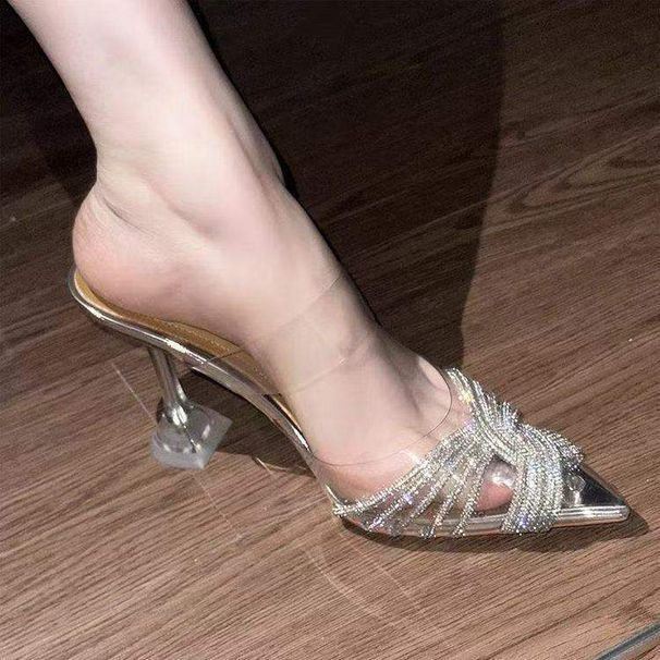 Rhinestone French Style Stunning Transparent High Heels Cross Fish Mouth Women 2025 One Strap Sandals New Pointed Toe_vogvips.com