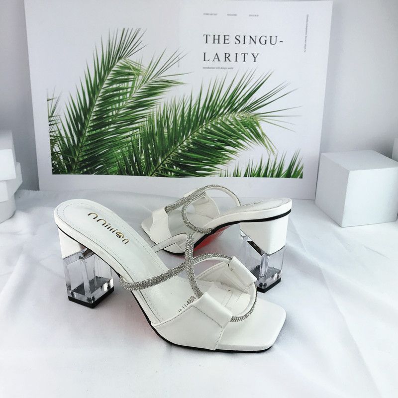 New Square Head Rhinestone Block Clear Heeled Dress Shoes European American Style High Heels Party Fancy Ladies Sandals_vogvips.com
