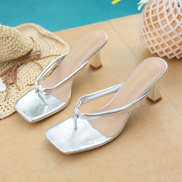 Women's Square Toe Mid Heel Slippers Summer Style Roman Sandals European American Flip Flops With Stiletto Heels_vogvips.com