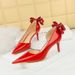 638-AH35M Korean Banquet High Heels Slim Heels, Shallow Mouth, Pointed Side Hollow Lacquer Leather Back Bow Women's_vogvips.com