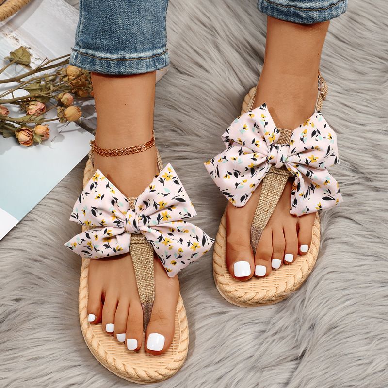 Women's Shoes New Summer Herringbone Women's Sandals Rope Bottom Clip On Fashionable Indoor And Outdoor Pink Hanging Beads Bow Sandals_vogvips.com